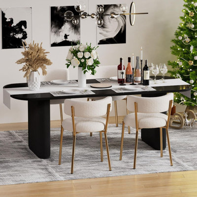 Modern Dining Chairs Set Of 4, Round Upholstered Boucle Sherpa Dining Chairs, Curved Backrest Kitchen Dining Room Chairs, Mid-Century White Dining Chair With Golden Metal Legs