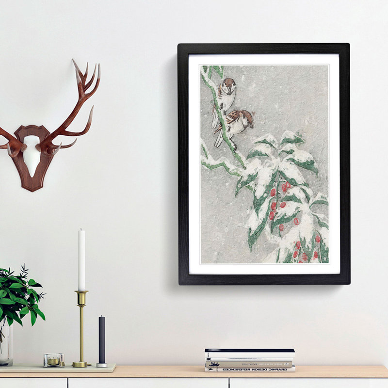 Sparrows on a Berry Bush by Ohara Koson - Picture Frame Painting Print, Black Framed, 65cm H x 48cm W x 2cm D