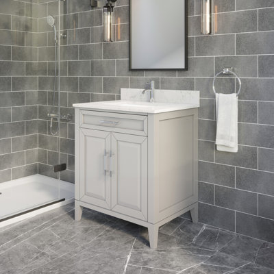Meuble-lavabo simple en bois massif l 30 po x P 22 po avec plateau en pierre reconstituée, tiroir et lavabo encastré en céramique Jackson (gris chaud) Jackson