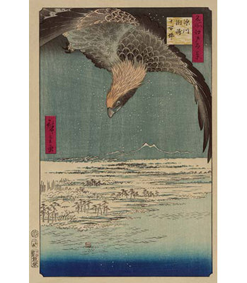 Hawk Flying Above A Snowy Landscape Along The Coastline by Ando Hiroshige - Unframed Print