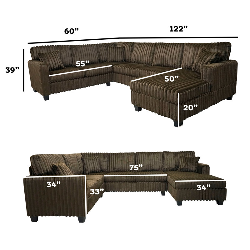 Canapé modulaire en U avec méridienne Plush Soft 6 personnes, Polyester café