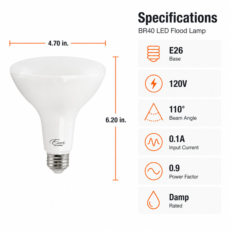 Ampoule DEL BR40 Euri Lighting, 11 W, 1000 lm, équivalent 75 W, 5000 K, culot E26, dimmable, conforme aux normes CEC et UL.
