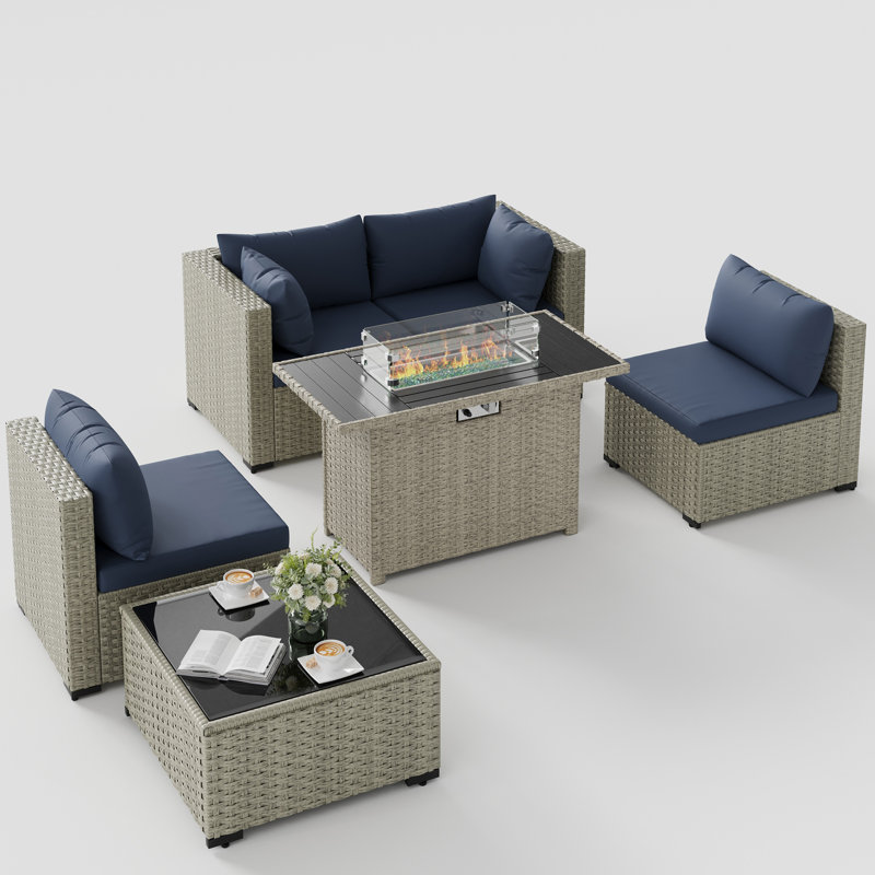 5 Pieces Design-Oriented Rattan Patio Conversation Sets With Fire Pit, Navy