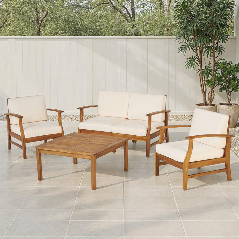 Ensemble de conversation de patio pour 4 personnes avec coussins Alyssa Acacia, L 35 po x P 35 po x H 18 po, Crème