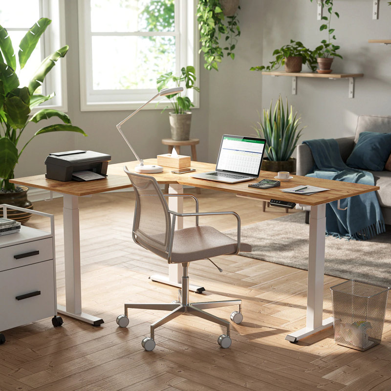 Christeena Height Adjustable L-Shape Standing Desk, Natural/White