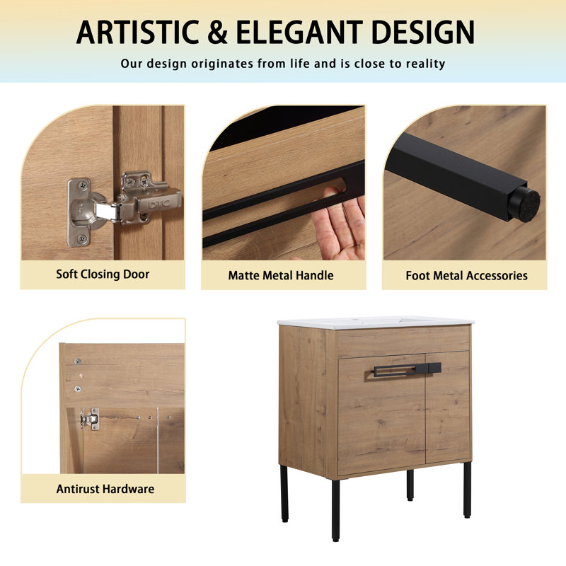 Meuble-lavabo simple 30 po avec plateau en céramique Keyvan, Naturel, 30"