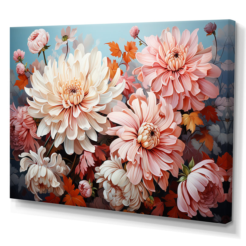 Chrysanthèmes - collage rose et blanc - impression, H 12 po x l 20 po x P 1 po, Toile tendue