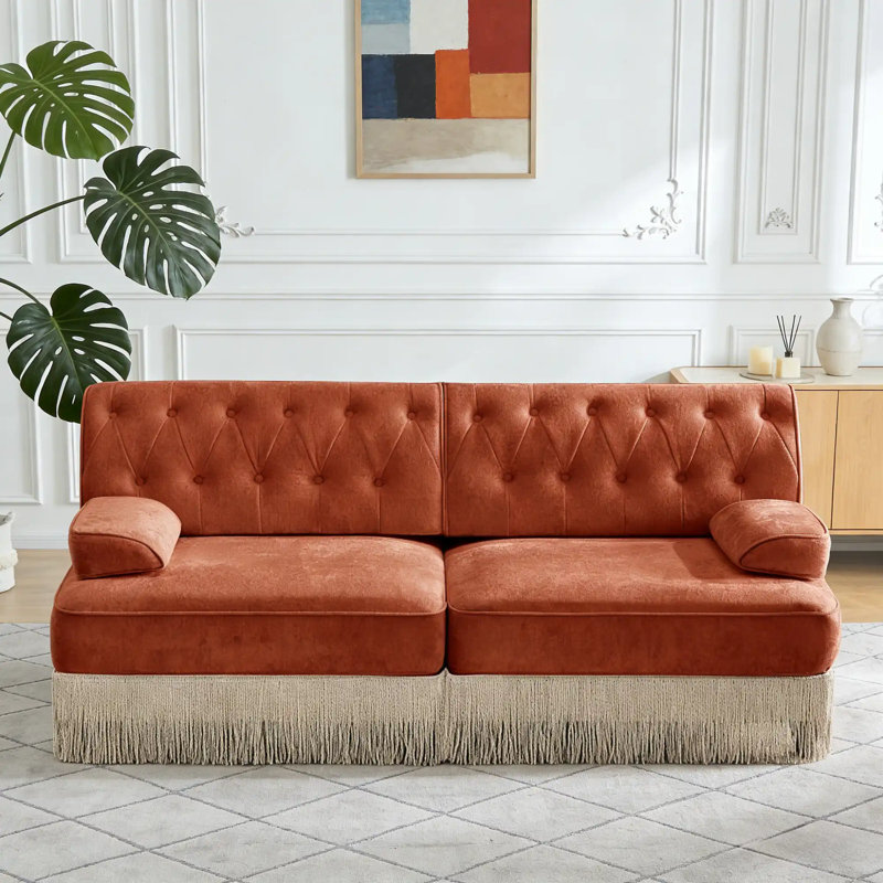 Canapé Chesterfield de 76,6 po en velours rouge, conception capitonnée et jupe à pampille, facile à assembler, Gris