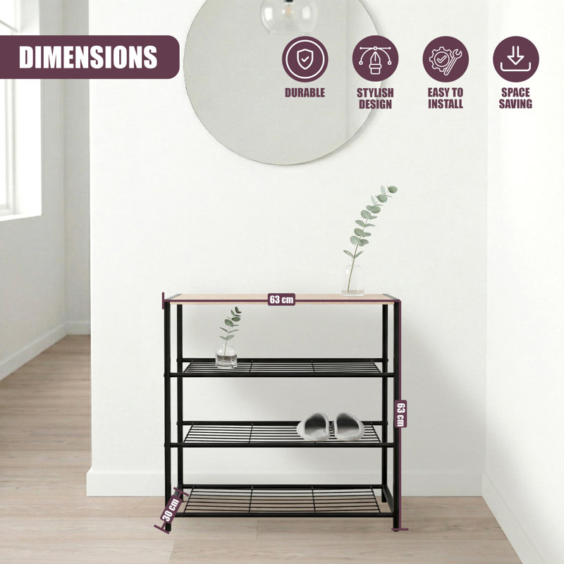 3 Tier Metal Shoe Rack with Wooden Seat Hallway Bench Storage Organiser Stand