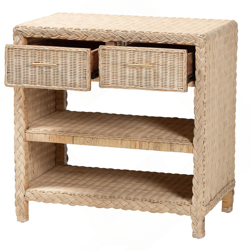 Console en rotin naturel et acajou de style japonais avec deux tiroirs et tablettes, parfaite pour les solutions de rangement élégantes.