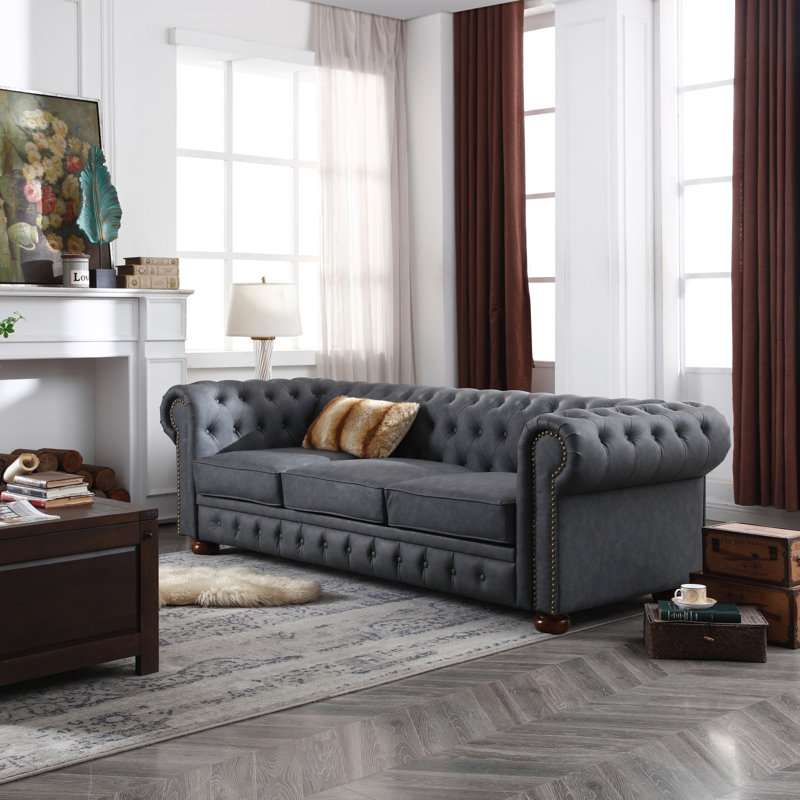 Gurnaik Upholstered 3-Seater Sofa, Dark Gray Faux Leather