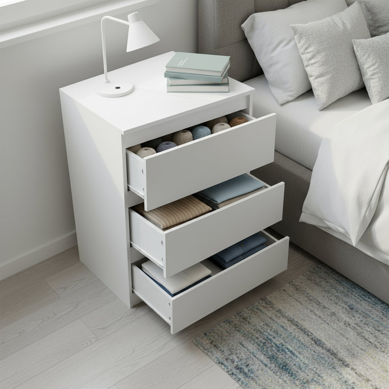 White 3-Drawer Nightstand – Small-Space Bedside Table, Anti-Tip Kit, White