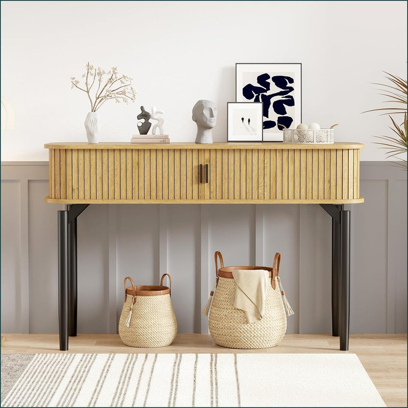 47" Fluted Console Table with Drawers, Narrow Entryway Tables with Storage and Shelves, Sofa Table Behind Couch for Entrance, Hallway, Living Room