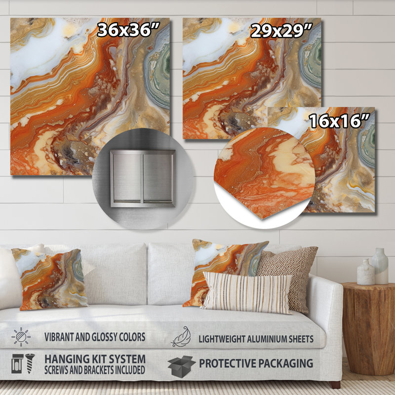 Symphonie orange orange beige - reproduction abstraite sur métal, H 36 po x l 36 po x P 1 po