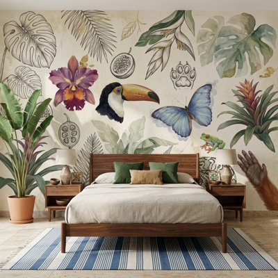 Papier peint tropical avec papillon bleu Toucan