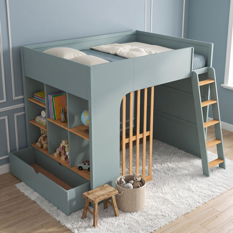 Lit mezzanine en bois avec tablettes de rangement et tiroir, échelle, Lit double, Chêne naturel vert menthe