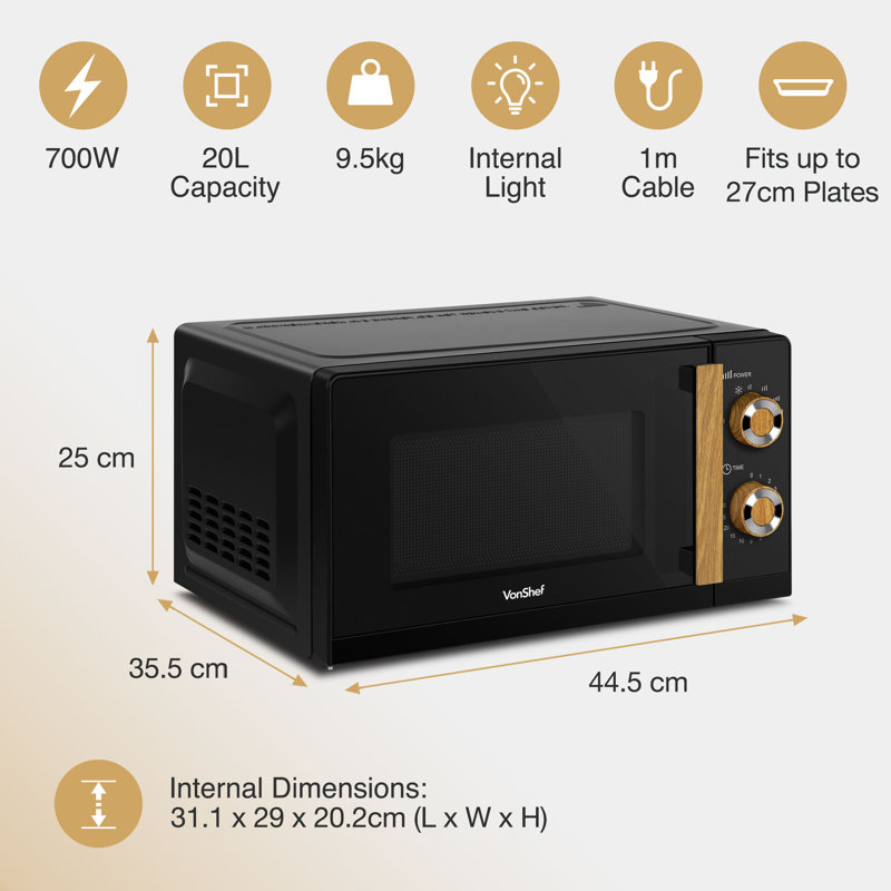 VonShef FIKA Range 45cm 3.645m³ L 700W - Watt Countertop Microwave, Black