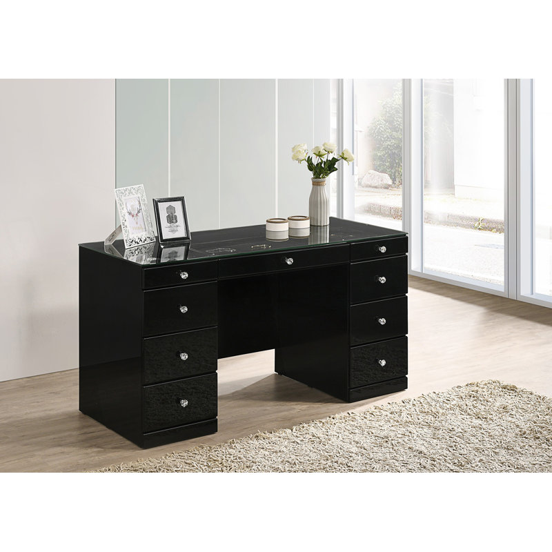 Ensemble de coiffeuse 3 pièces avec miroir lumineux à DEL, plateau en verre, 9 tiroirs, boutons en cristal et tabouret rond