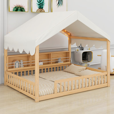 Wooden Floor House-Shaped Daybed With Fense,3 Storage Bookshelves,Curtain And LED Light