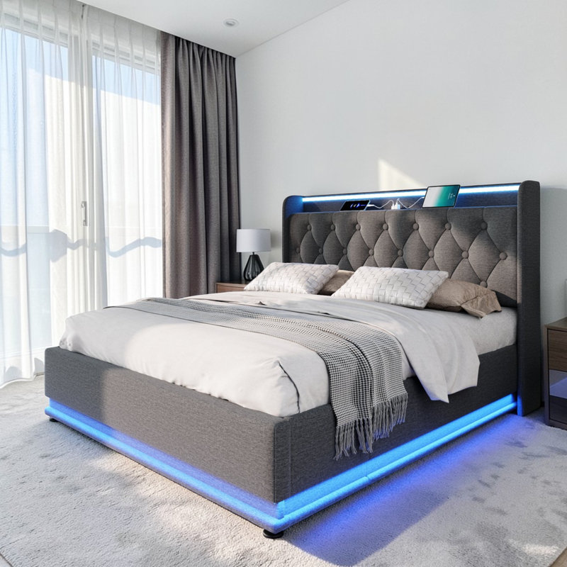 Upholstered 4Ft6 Ottoman Bed Frame With 360 Surround Led Function With Charging Function Hydraulic Storage Bed Frame With Large Storage Space  (No Mattress)