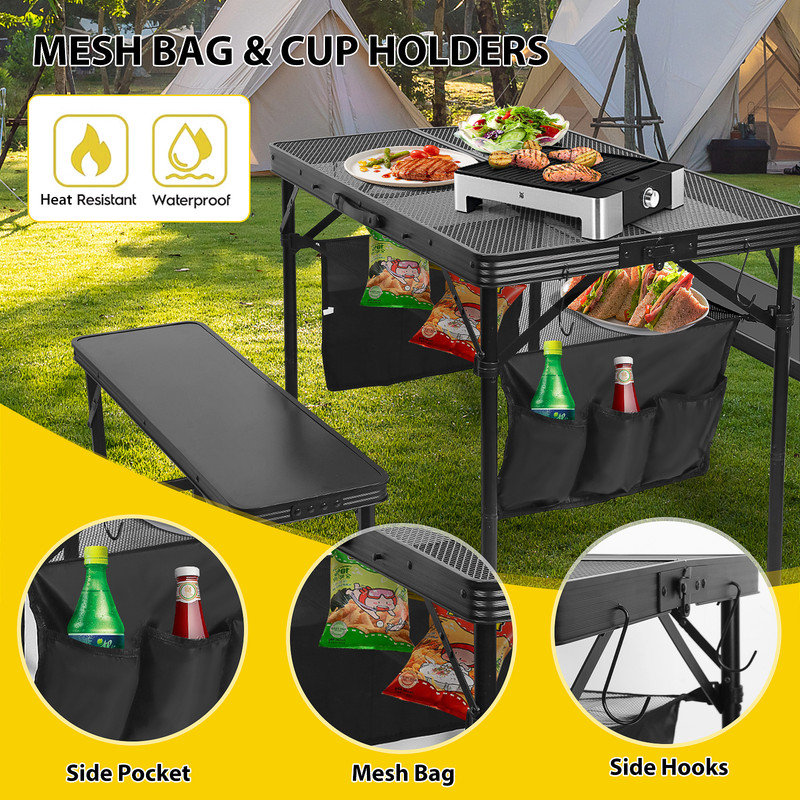 Black Foldable Outdoor Picnic Table Set with Mesh Net