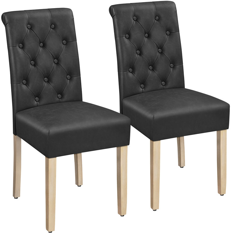Padded Classic High Back Upholstered Dining Chairs With Solid Wood Legs, Leather-Dark Grey