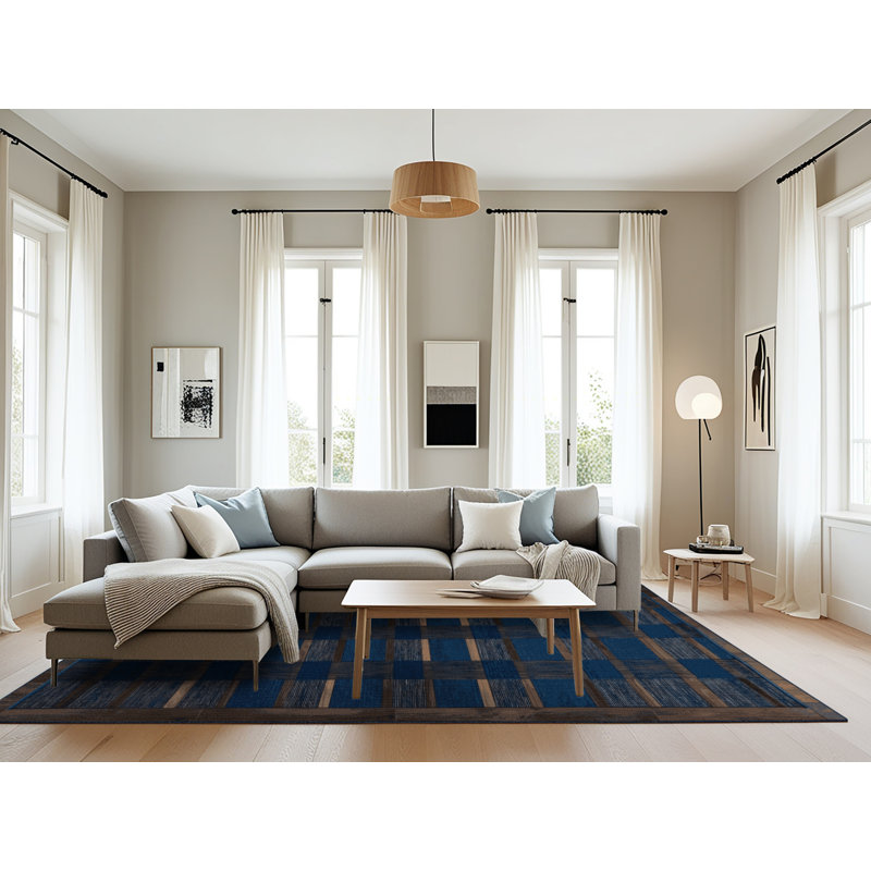 Tapis bleu à carreaux lavable à la machine, Rectangulaire 8 pi x 10 pi