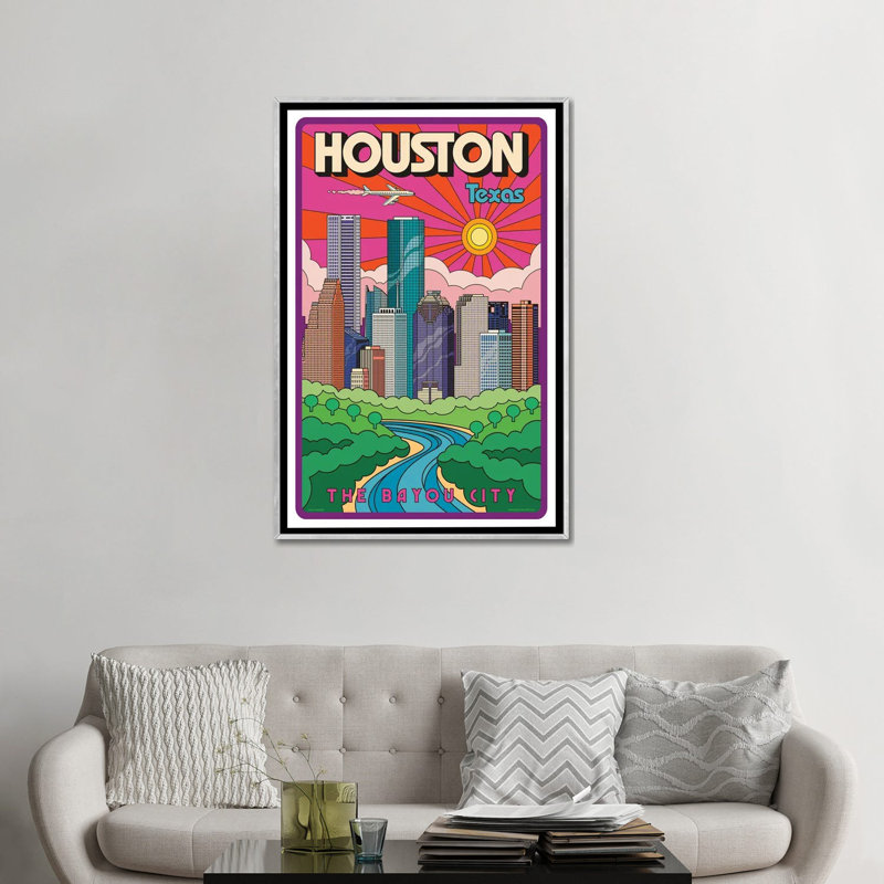 Houston Pop Art Travel, reproduction d'art sur toile encadrée, H 48 po x l 32 po, Reproduction encadrée sans passe-partout