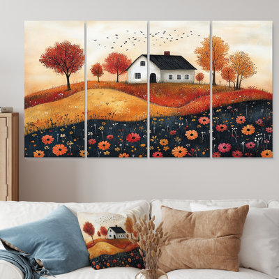 Paysage de ferme orange et noir fabriqué à la main à la maison - ensemble d'art sur toile
