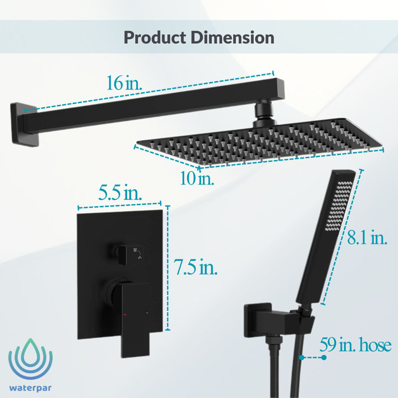 Pomme de douche à haute pression 10 pouces NPT mâle et poche 2,5 GPM en noir mat (valve incluse)