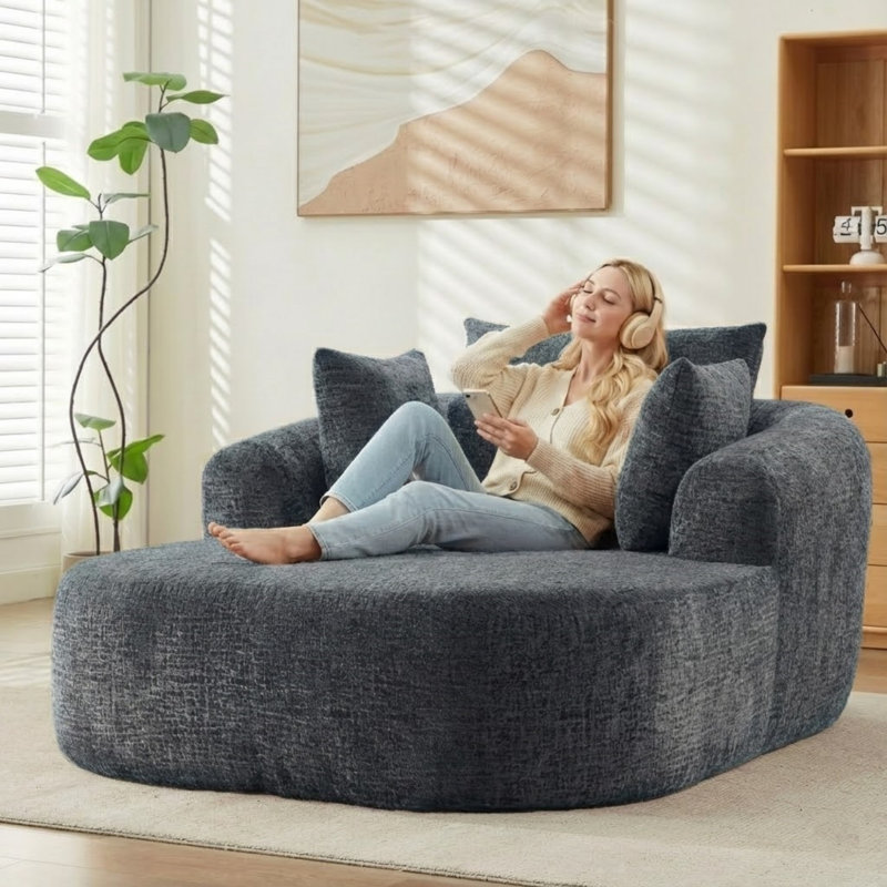 Très grand canapé-lit en chenille 49,6 po gris, sans assemblage requis, avec accoudoirs et coussins, Gris