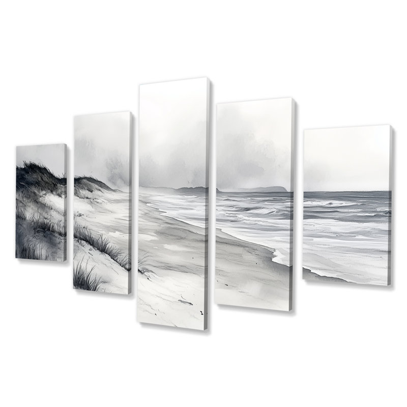 «Ocean Shore Line In Mexico - Beach Wall Art», ensemble de 5 reproductions sur toile grises