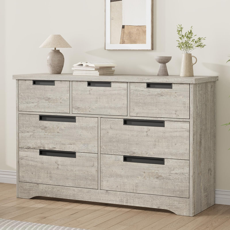 Commode 7 tiroirs - Commode en bois gris avec poignées intégrées - Rangement pour la chambre à coucher, le salon, la chambre de bébé, le couloir, gris
