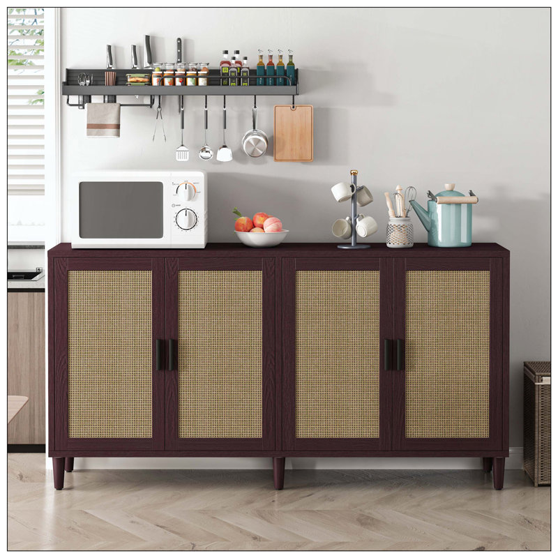 Buffet en rotin avec rangement, buffet à 4 portes avec tablettes réglables pour la cuisine, le salon et la salle à manger, assemblage facile