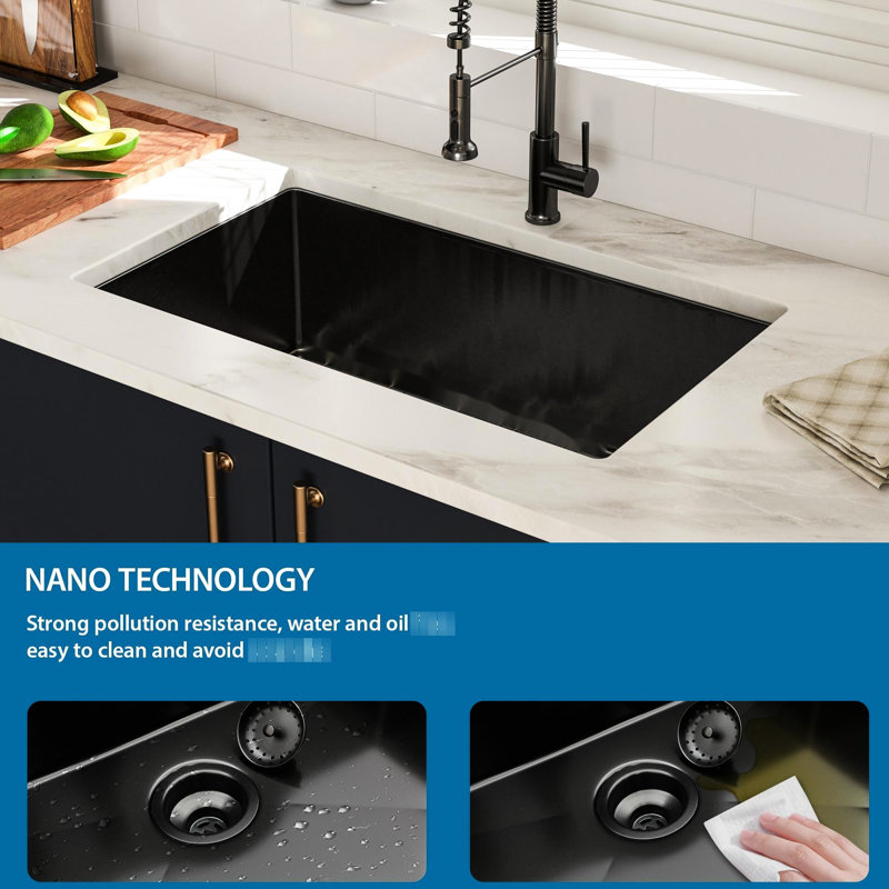 33X19x10 Inch Gunmetal Black Kitchen Sink - 16 Gauge T304 Stainless Steel, Undermount With Drain Assembly 16G Steel 33"X19"X10" Black,