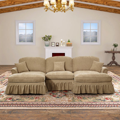 Banisha 107.1"W Chenille 3 seater sofa with 2 Ottomans and Removable Ruffles Pleats Skirts and Spindle Legs