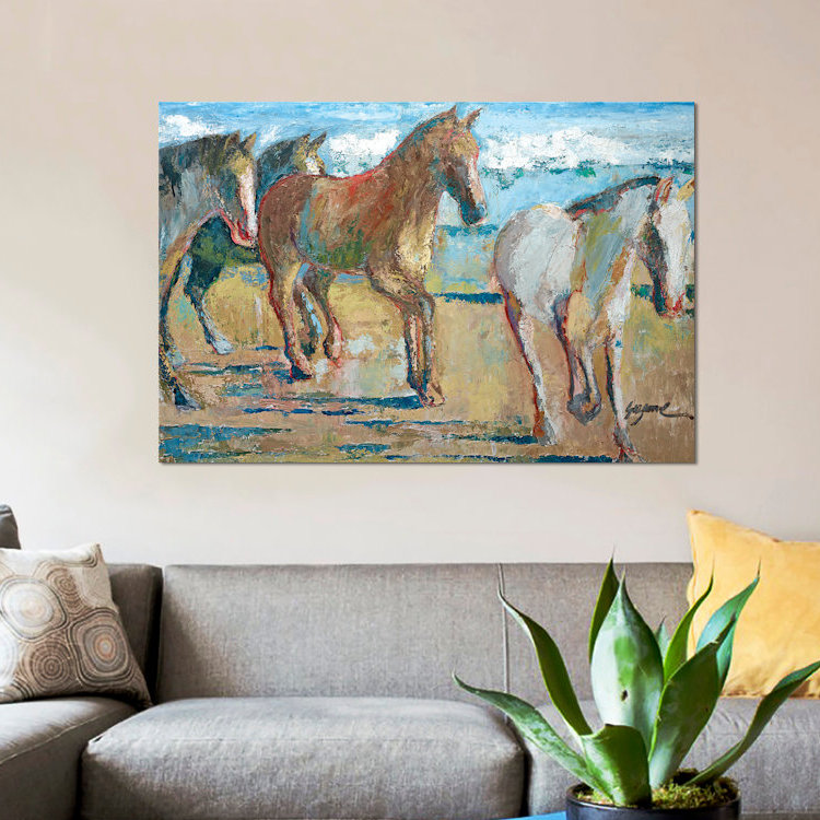 «Caballos en la Playa», reproduction sur toile, H 18 po x l 26 po x P 1,5 po, Toile avec cadre noir, Pas de tapis