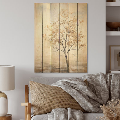 African Beige Tree I - Tree African Wood Art On Natural Pine Wood