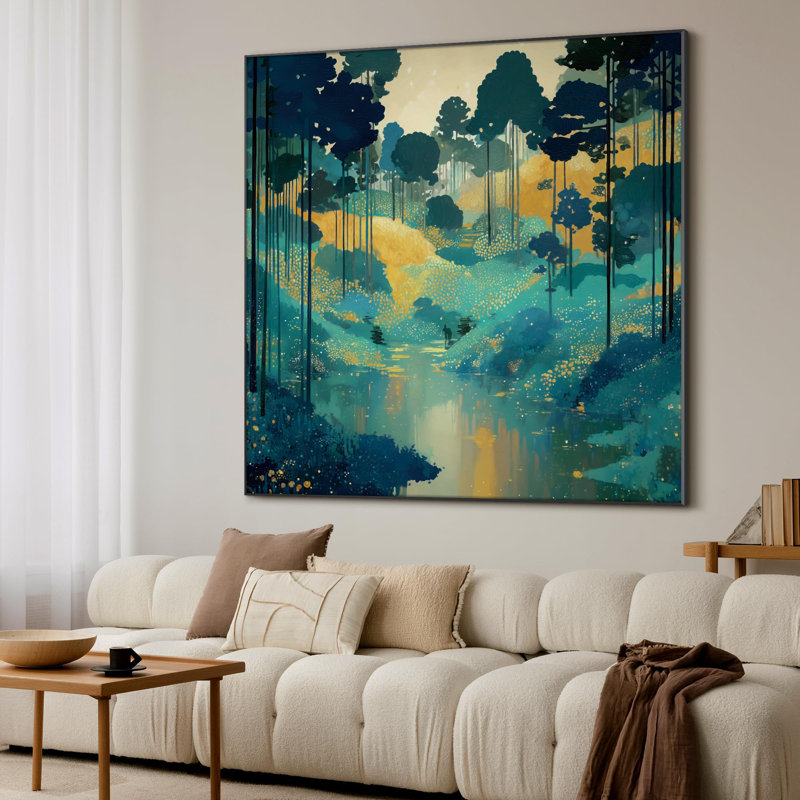 Très grande reproduction d'art sur toile - Enchanteur bleu sarcelle, paysage, décoration d'art pour le salon ou la chambre à coucher - «Assemblage requis du cadre (cadre non fini)»