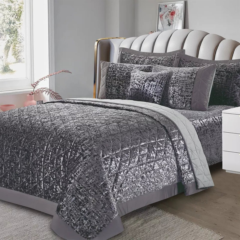 Velvet Plush Crushed Velvet Quilted Coverlet Set – Soft Microfiber Backing, Grey, King Bedspread + Pillowshams