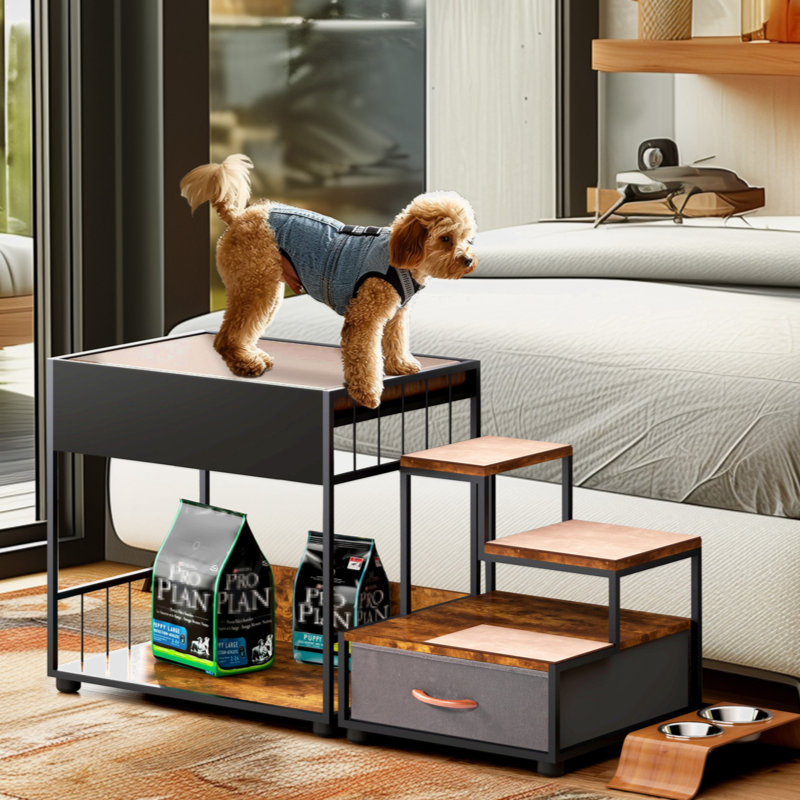 Vintage Multi-Level Black and Brown Dog Window Perch with Storage