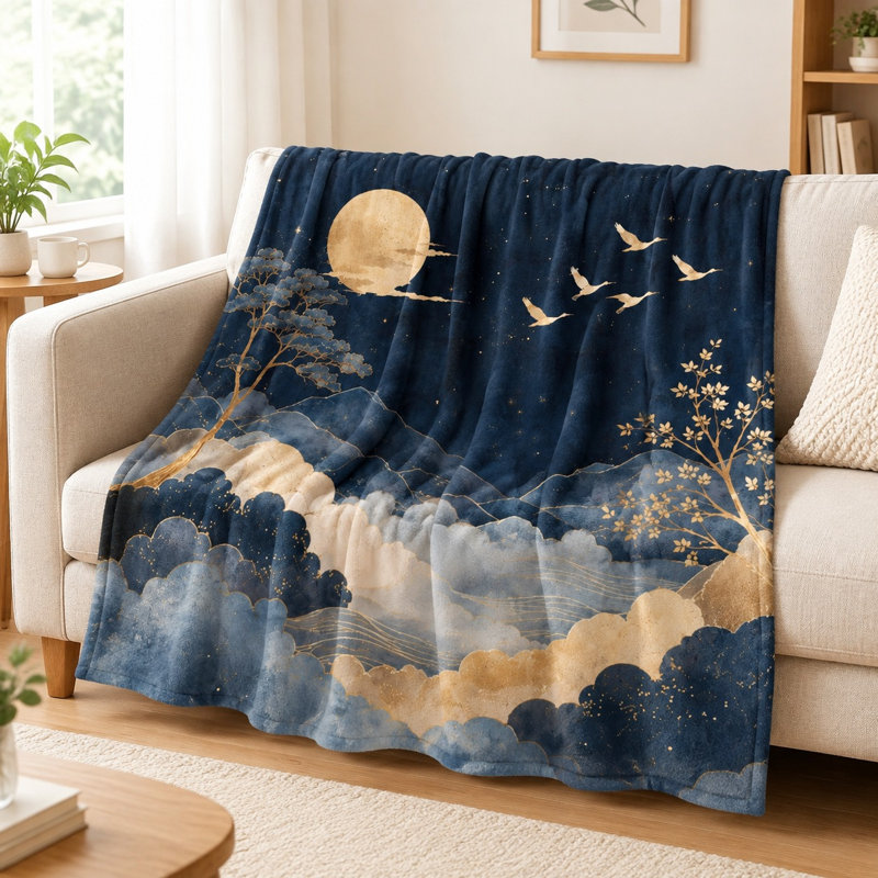 Cozy Throw Blanket - Artistic Landscape, Golden Moon & Flying Cranes, Cozy Comfort, Lightweight, Breathable, All-Season Use, Gentle on Skin, Machine Washable, Decorative Accent, for Sofa, Couch, Living Room and Bedroom