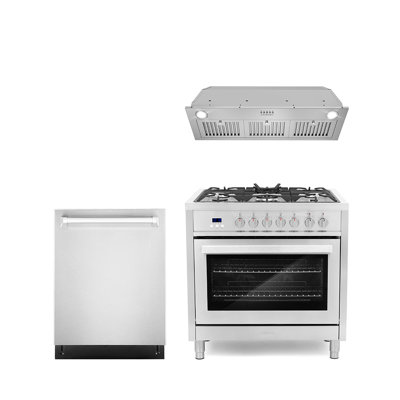 Cosmo 3 Piece Kitchen Appliance Package with 36'' Dual Fuel Freestanding Range , Built-In Dishwasher , Insert Range Hood , and Air Fryer -  COS-3PKG-356