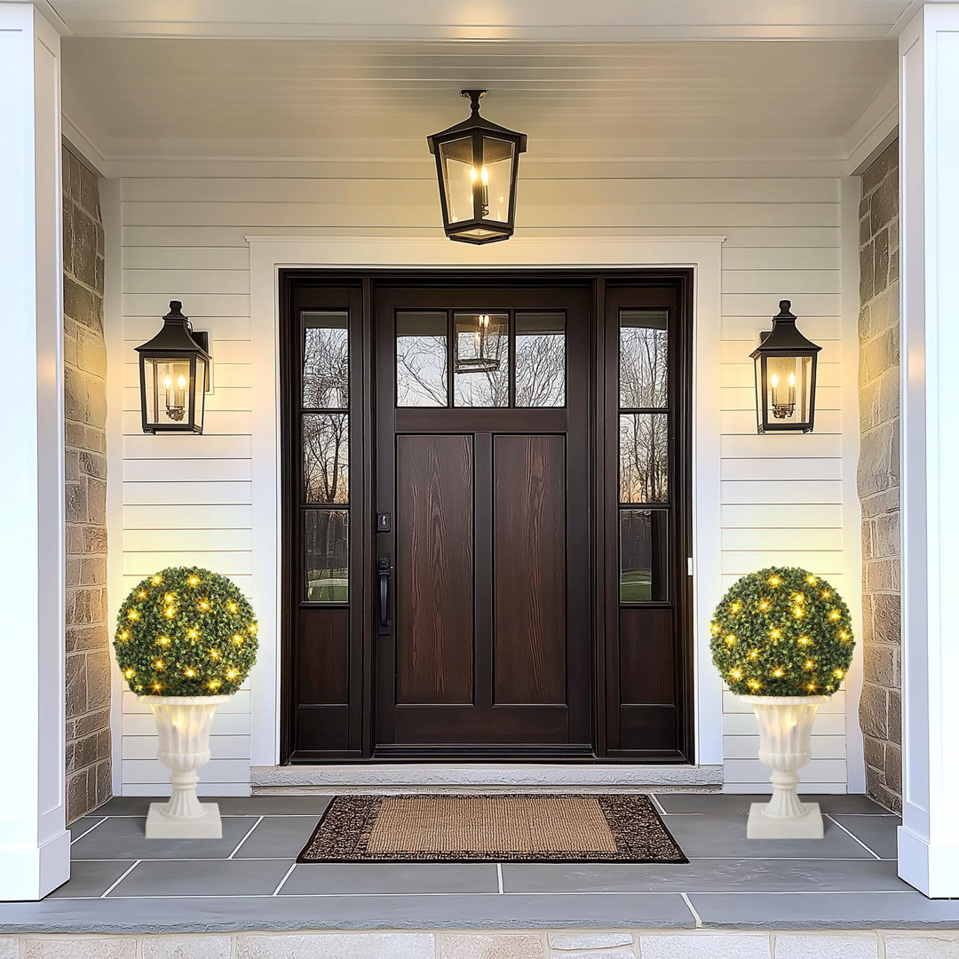 Pre Lit Artificial Topiary Balls, 2 x 41cm Faux Boxwood Balls with Sturdy Pot Base, UV Resistant & Waterproof Sphere Decorative with Bright LED Batter
