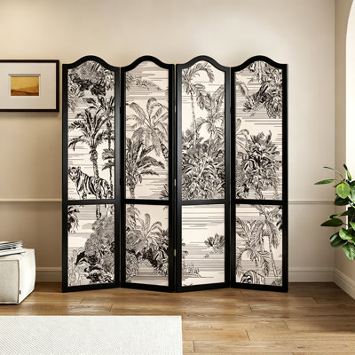 Cloison mobile pliante en bois massif avec motif tropical noir