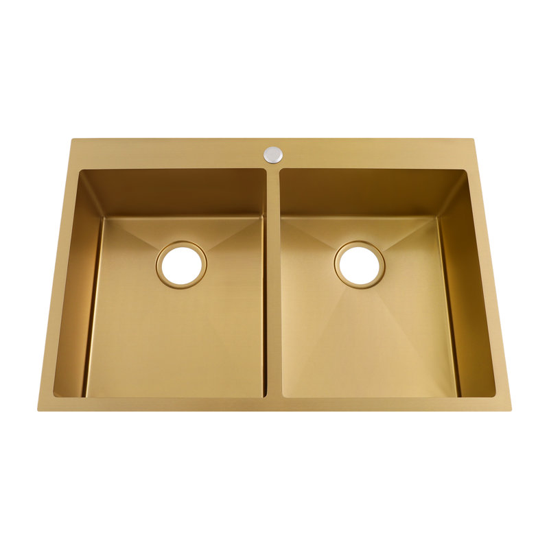 Modern Rectangular Stainless Steel Double Bowl Drop In Kitchen Sink With Drainage Grids, Gold
