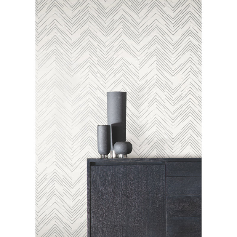 Chevron Metallic Wallpaper Roll, White/Silver