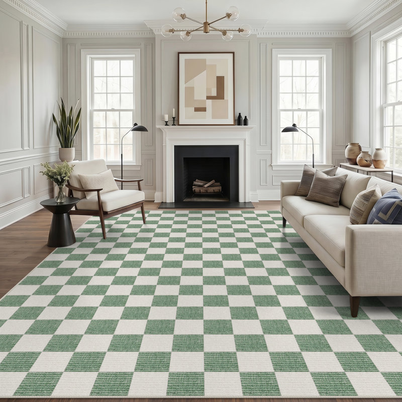 Modern Plaid 5x7/8x10/9x12 Area Rugs for Living Room, Checkered Washable Bedroom Dining Room Rug, Green/Beige