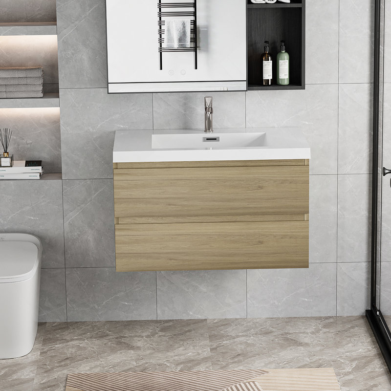 Meuble-lavabo flottant avec lavabo, rangement mural moderne pour salle de bain, Chêne, 35.43"