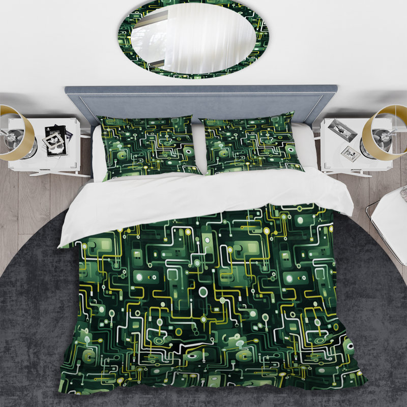 Ensemble de housse de couette Green Techno Fusion Maze IV - Geometric, Housse de couette pour très grand lit et 2 très